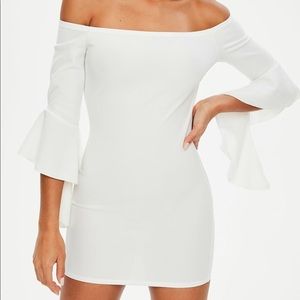 Missguided petite white bardot frill sleeve dress